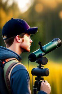 College student birding with binoculars and podcas